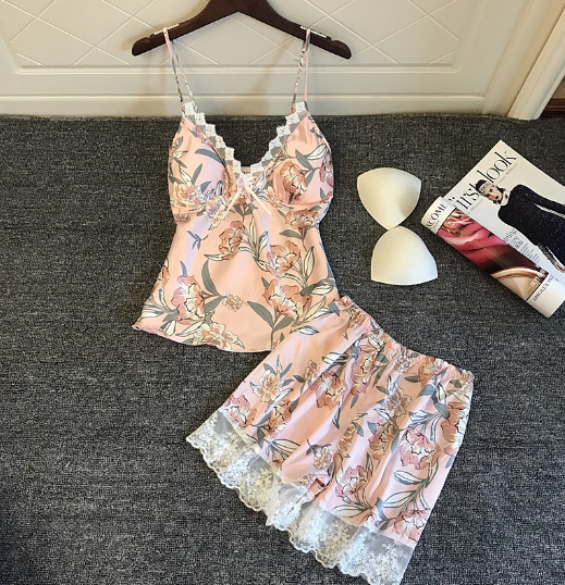 Spring Summer Sexy Camisole Shorts Pajama Set with Pad