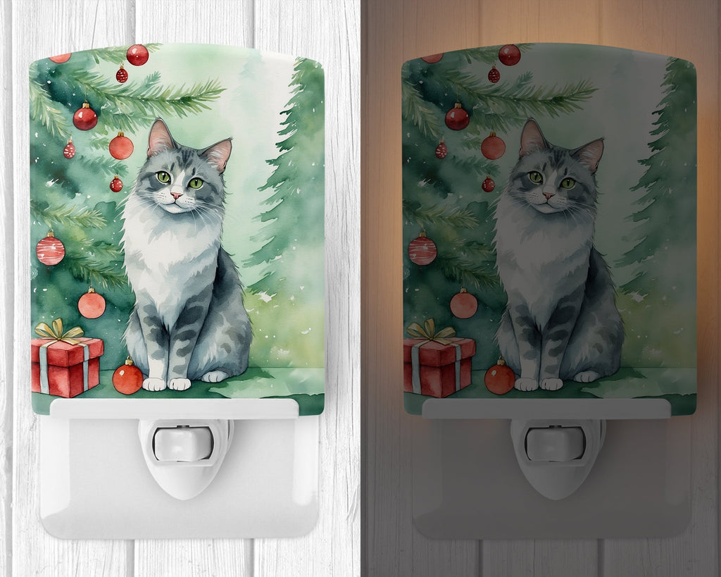 Australian Mist Cat By the Christmas Tree Ceramic Night Light