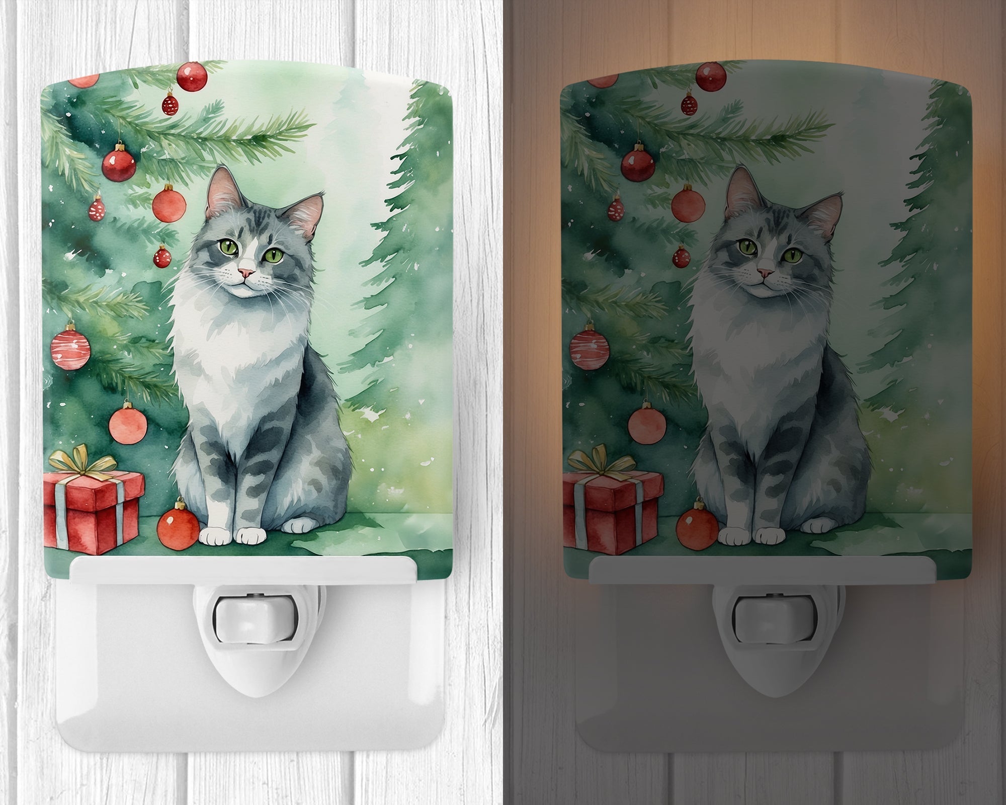Australian Mist Cat By the Christmas Tree Ceramic Night Light
