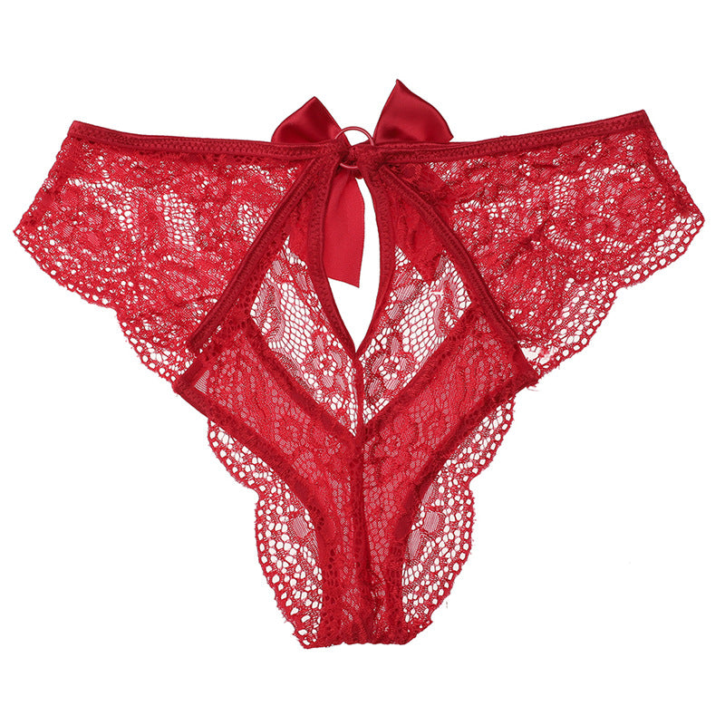 Lace Bow T-Back Panties with Sheer Cutout Design