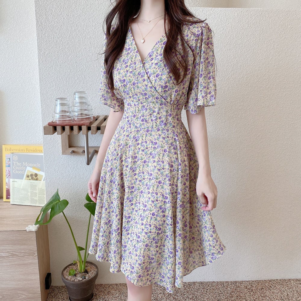 Floral Chiffon Dress with Short Sleeves for Women