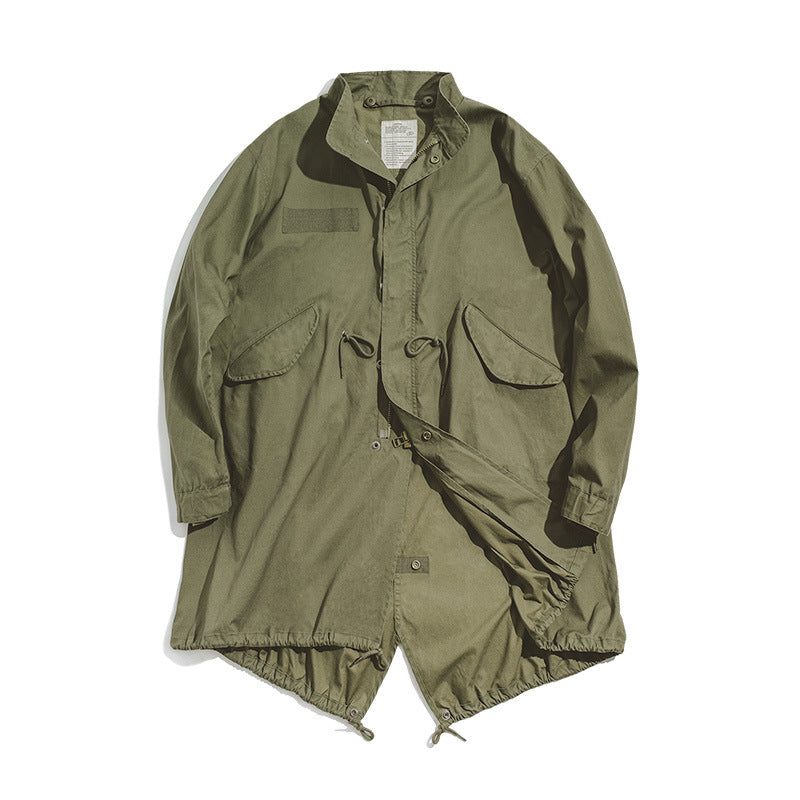 Fish Tail Long Military Windbreaker in Green
