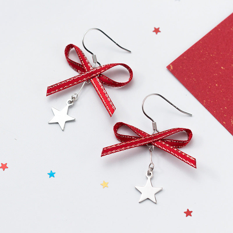Silver Bowknot Star Christmas Earrings