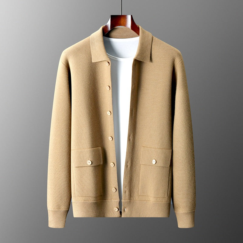 Men's Retro Wool Polo Cardigan with Pockets