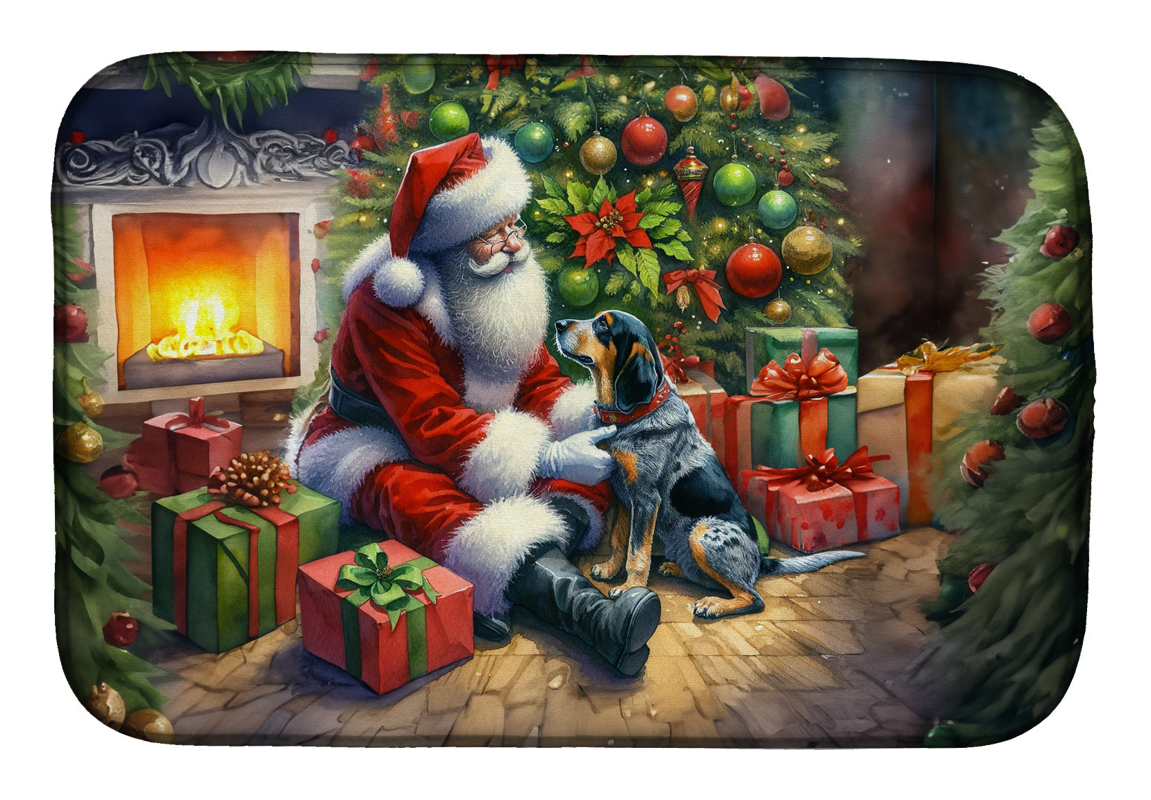 Bluetick Hound and Santa Claus Dish Drying Mat