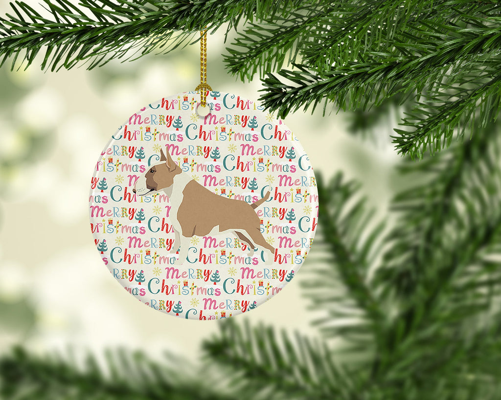 Fawn and White Bull Terrier Merry Christmas Ceramic Ornament