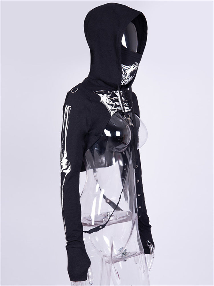 2022 Black Women's Punk Hooded Skull Crop Top Sweatshirt | Streetwear