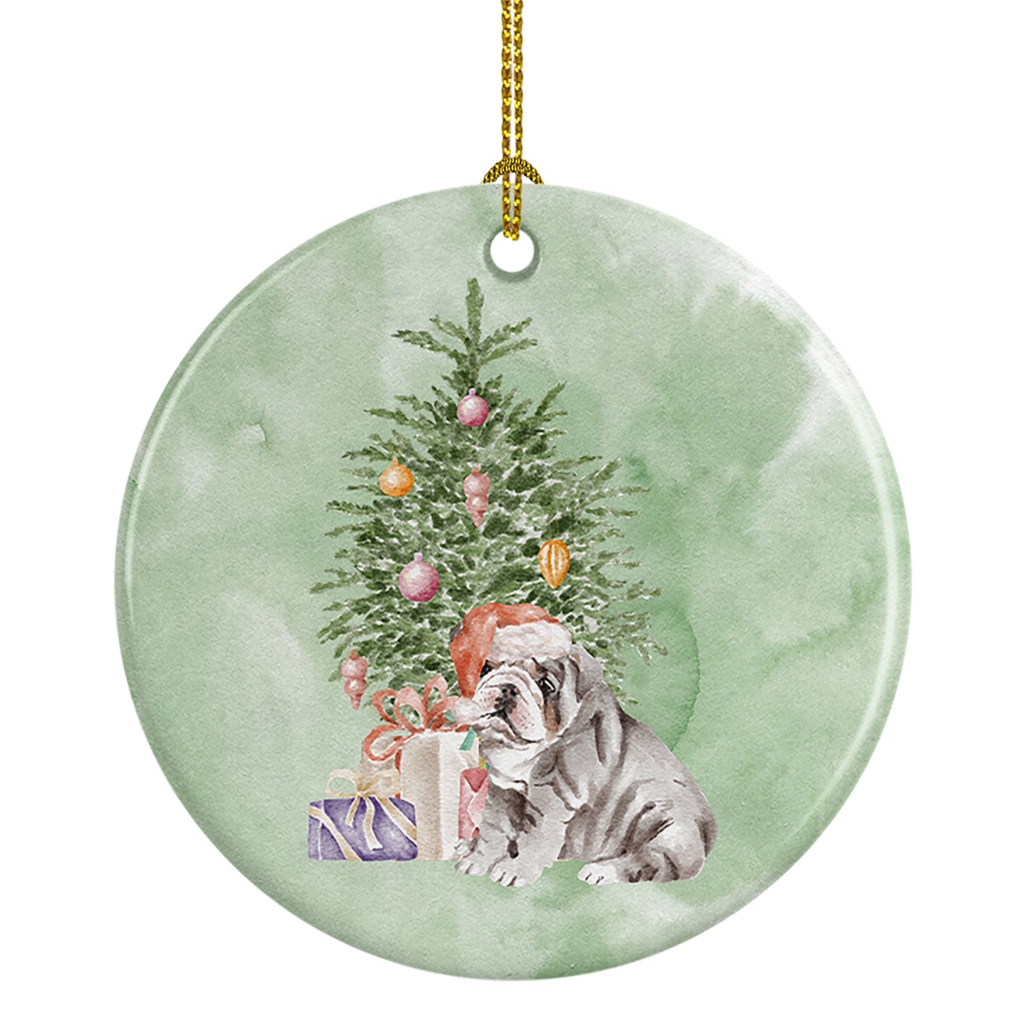 Bulldog, English Bulldog Puppy #2 Christmas Presents and Tree Ceramic Ornament