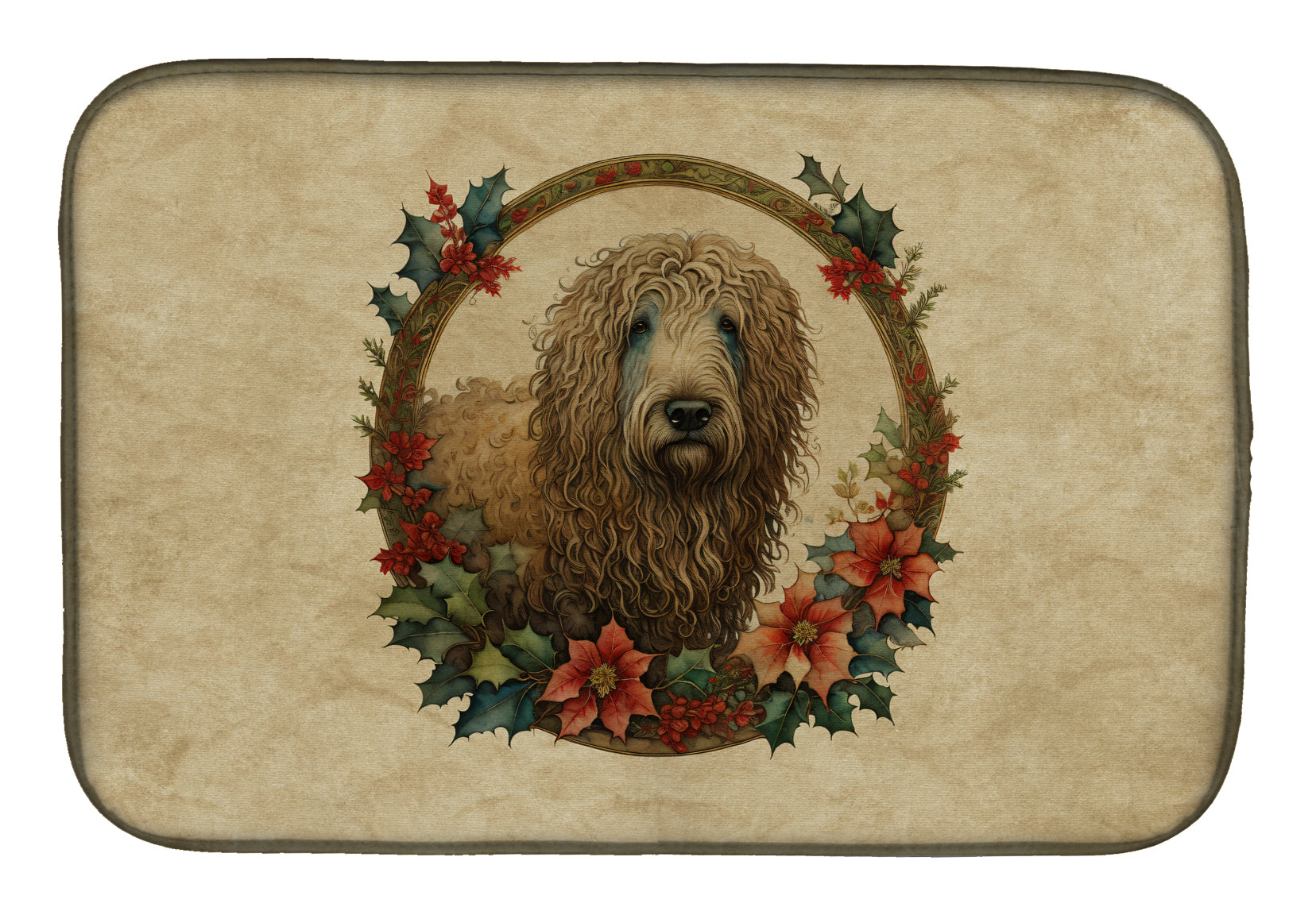 Komondor Christmas Flowers Dish Drying Mat