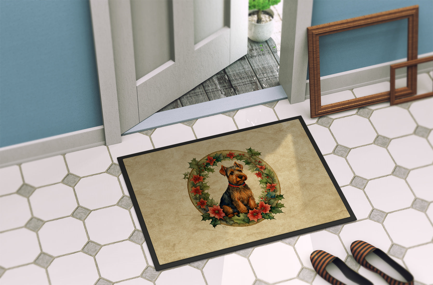 Welsh Terrier Christmas Flowers Doormat