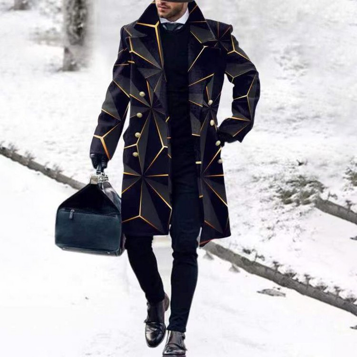 Casual Geometric Print Double Breasted Black Coat