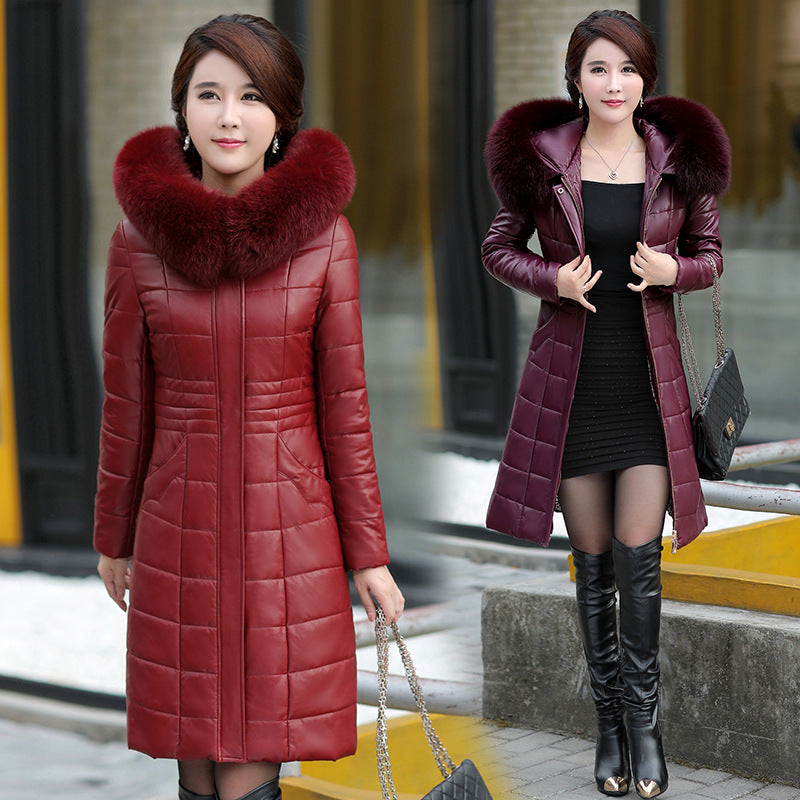PU Leather Cotton Winter Coat for Middle-aged Women