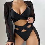 3pcs Women's High Waist Swimsuit with Mesh Shawl Set
