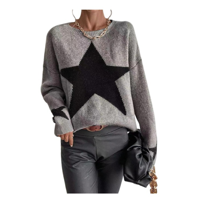 Star Print Long Sleeve Women's Sweater with Round Neck