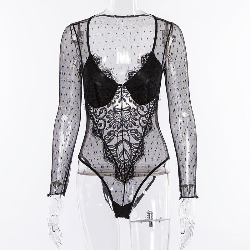 Sheer Black Lace Bodysuit with Underwire Padding Set