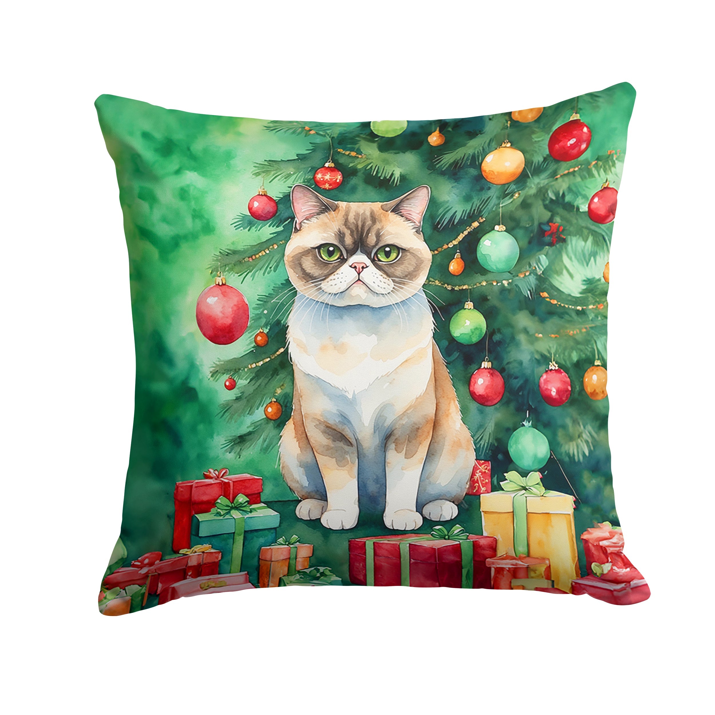 Exotic Shorthair Cat By the Christmas Tree Throw Pillow