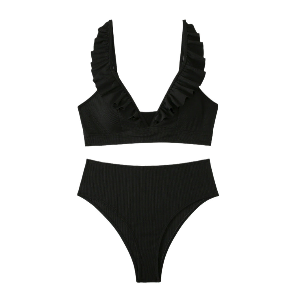 High-Waisted Women's Striped Bikini with Ruffle Straps
