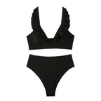 High-Waisted Women's Striped Bikini with Ruffle Straps
