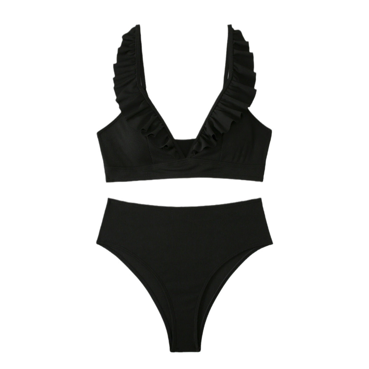High-Waisted Women's Striped Bikini with Ruffle Straps