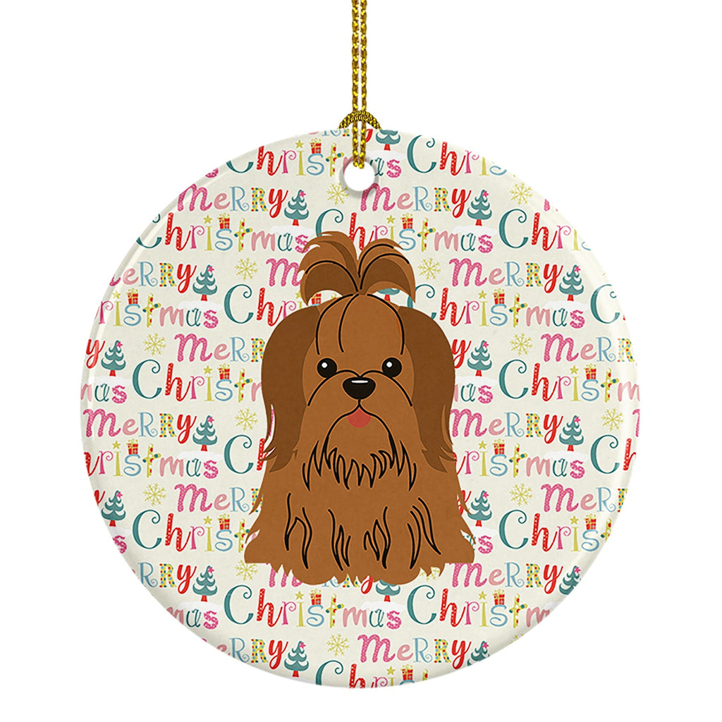 Merry Christmas Shih Tzu Silver Chocolate Ceramic Ornament