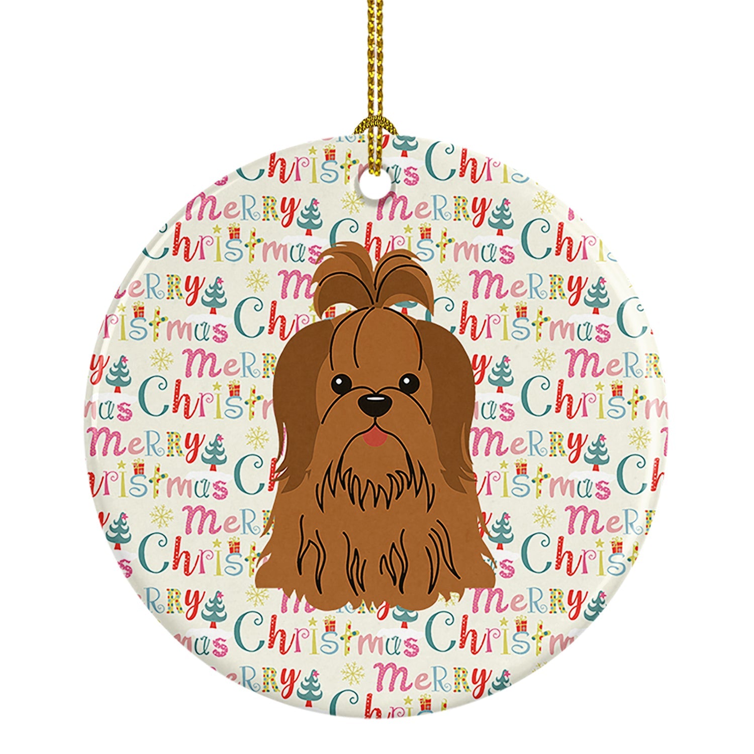 Merry Christmas Shih Tzu Silver Chocolate Ceramic Ornament