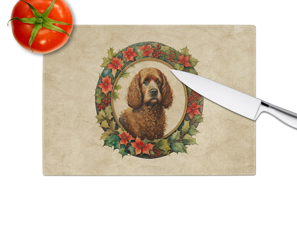 Irish Water Spaniel Christmas Flowers Glass Cutting Board