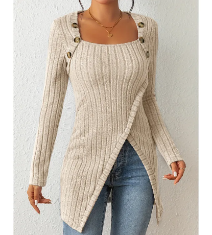 Square-neck Off-shoulder Slit Sweater