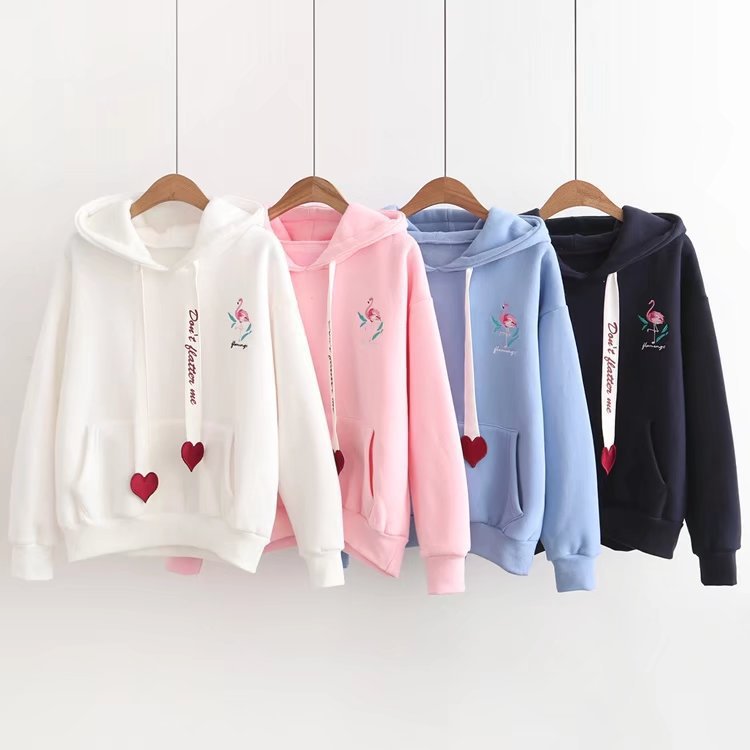 Flamingo Love Printed Velvet Hooded Sweatshirt | Streetwear