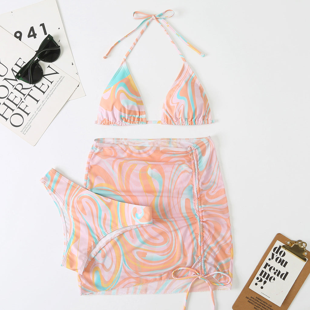 2022 Women's Striped Bikini Set with Skirt (3 Pieces)