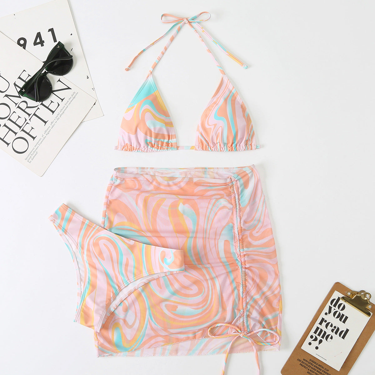 2022 Women's Striped Bikini Set with Skirt (3 Pieces)