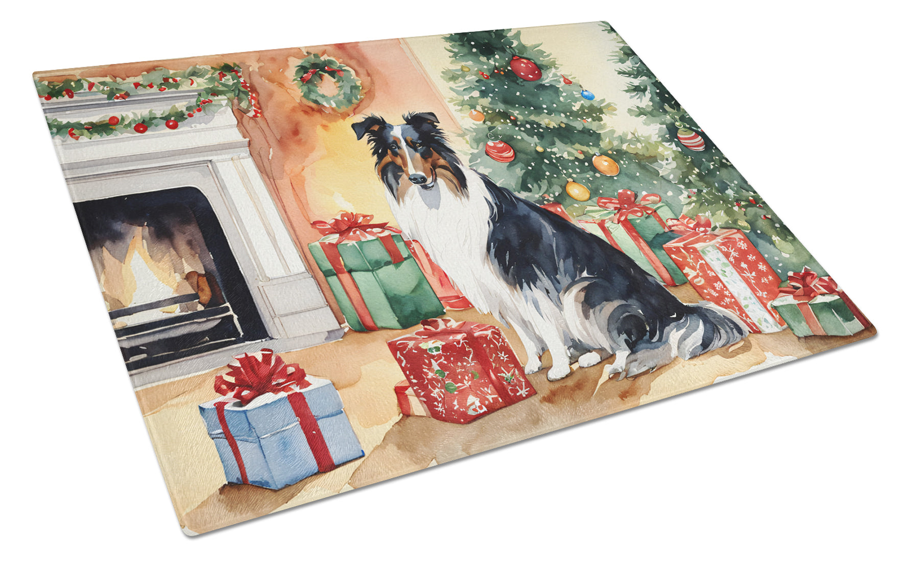 Collie Cozy Christmas Glass Cutting Board