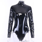 Black Long-Sleeved PU Leather Slim Bodysuit