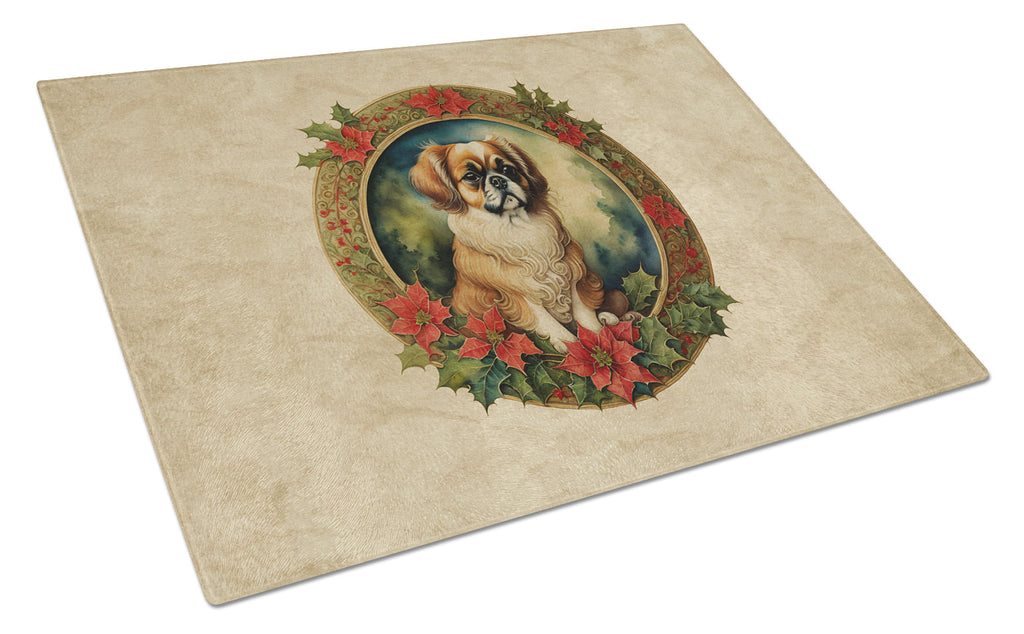 Tibetan Spaniel Christmas Flowers Glass Cutting Board