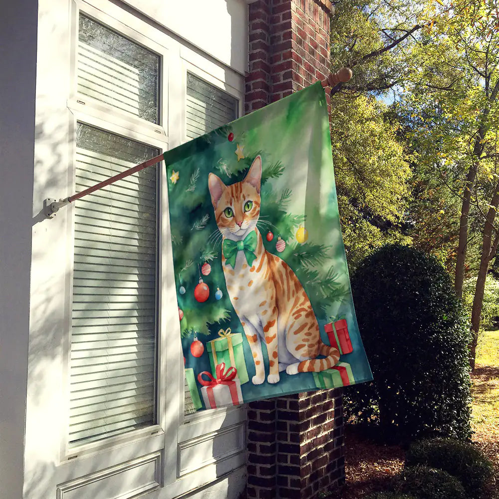 Ocicat Cat By the Christmas Tree House Flag