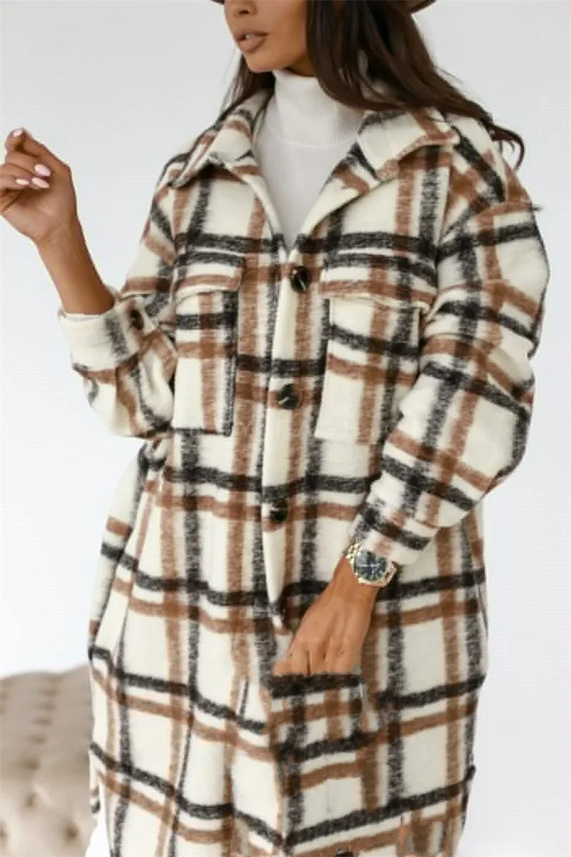Women's Long Check Tweed Cardigan with Pockets