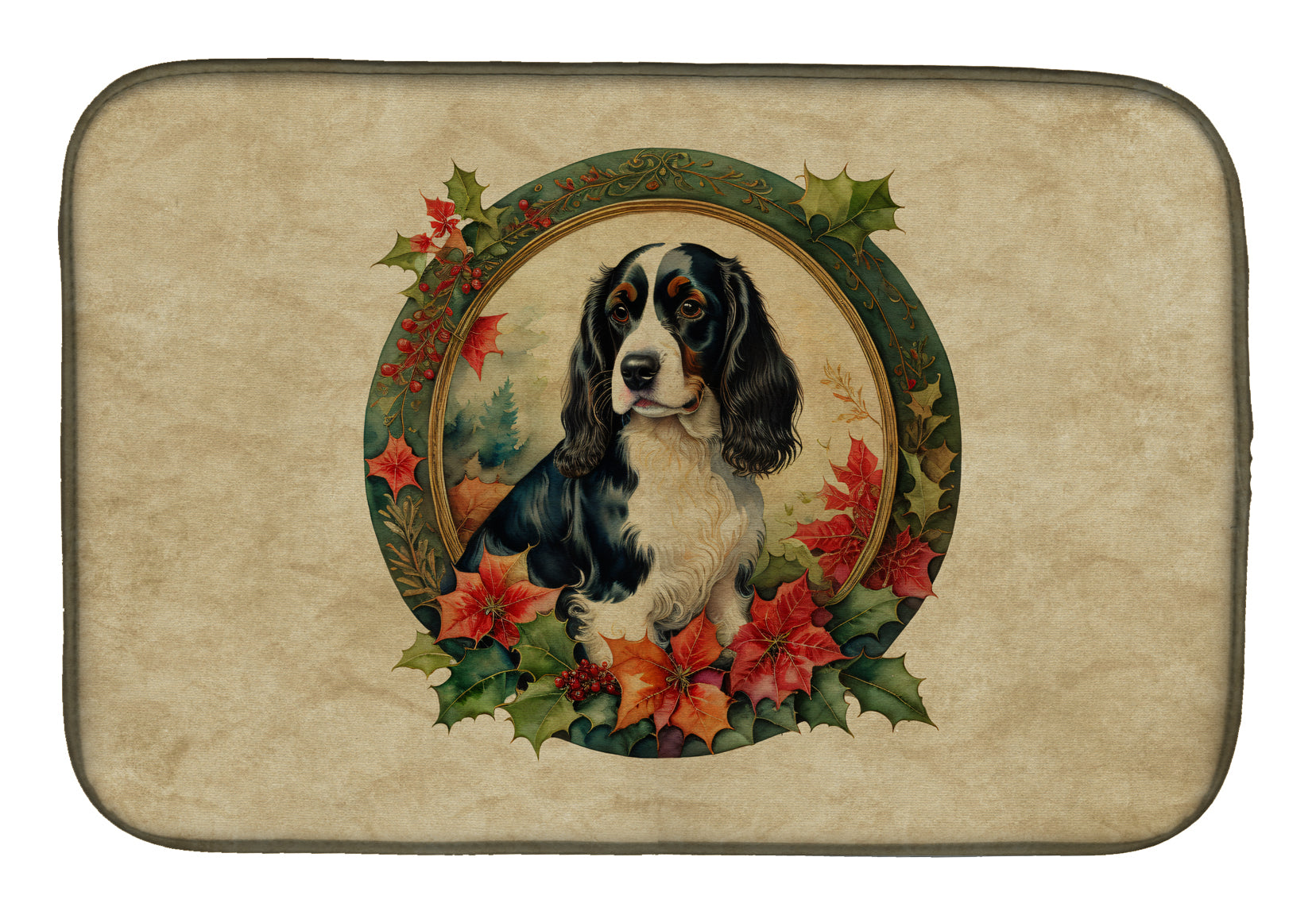 English Springer Spaniel Christmas Flowers Dish Drying Mat
