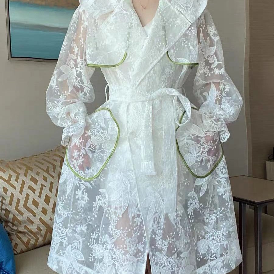 Hooded Lace Trench Coat with Embroidery and Lantern Sleeves