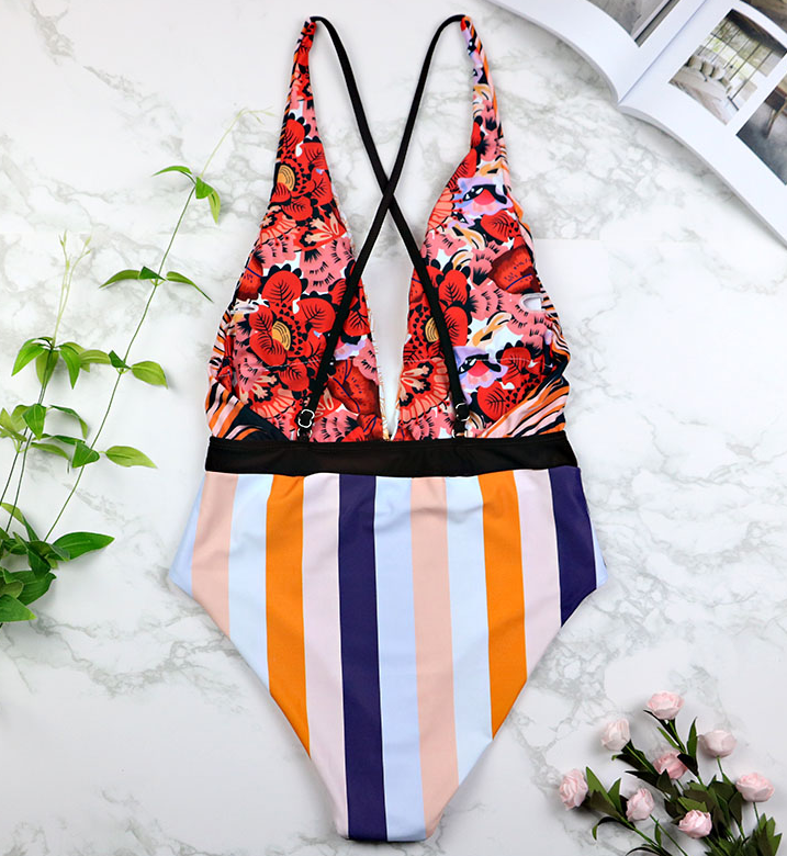 Triangle One-Piece Deep V Sexy Swimsuit with Print