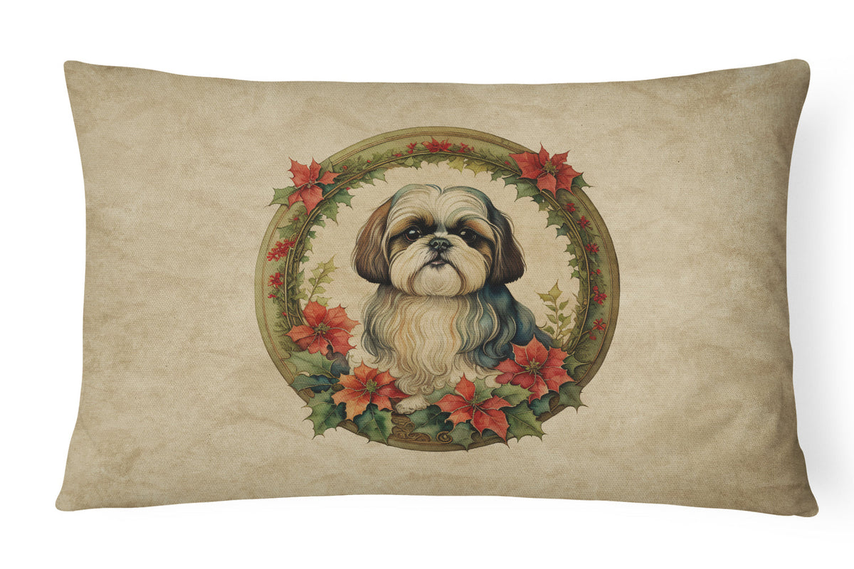 Shih Tzu Christmas Flowers Throw Pillow