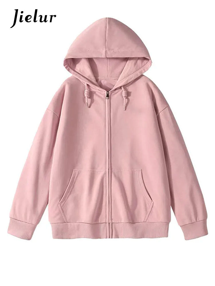 Jielur Solid Color Comfortable Women's Zip-Up Hoodie | Streetwear