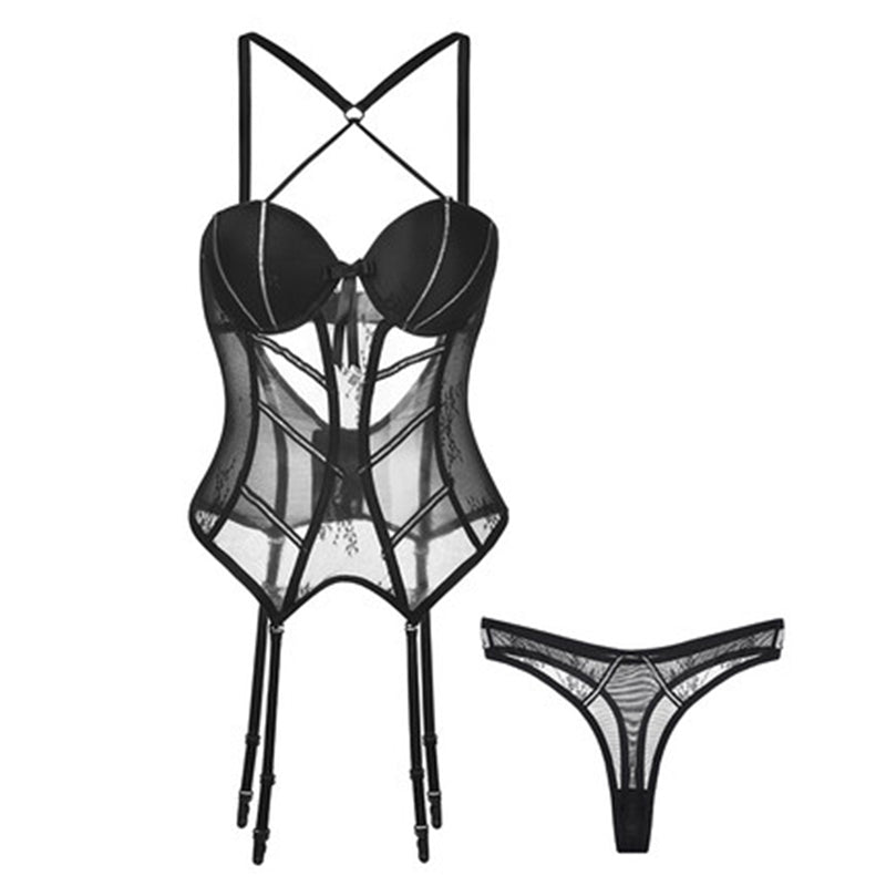 Transparent Lace Bodysuit with Suspender Straps