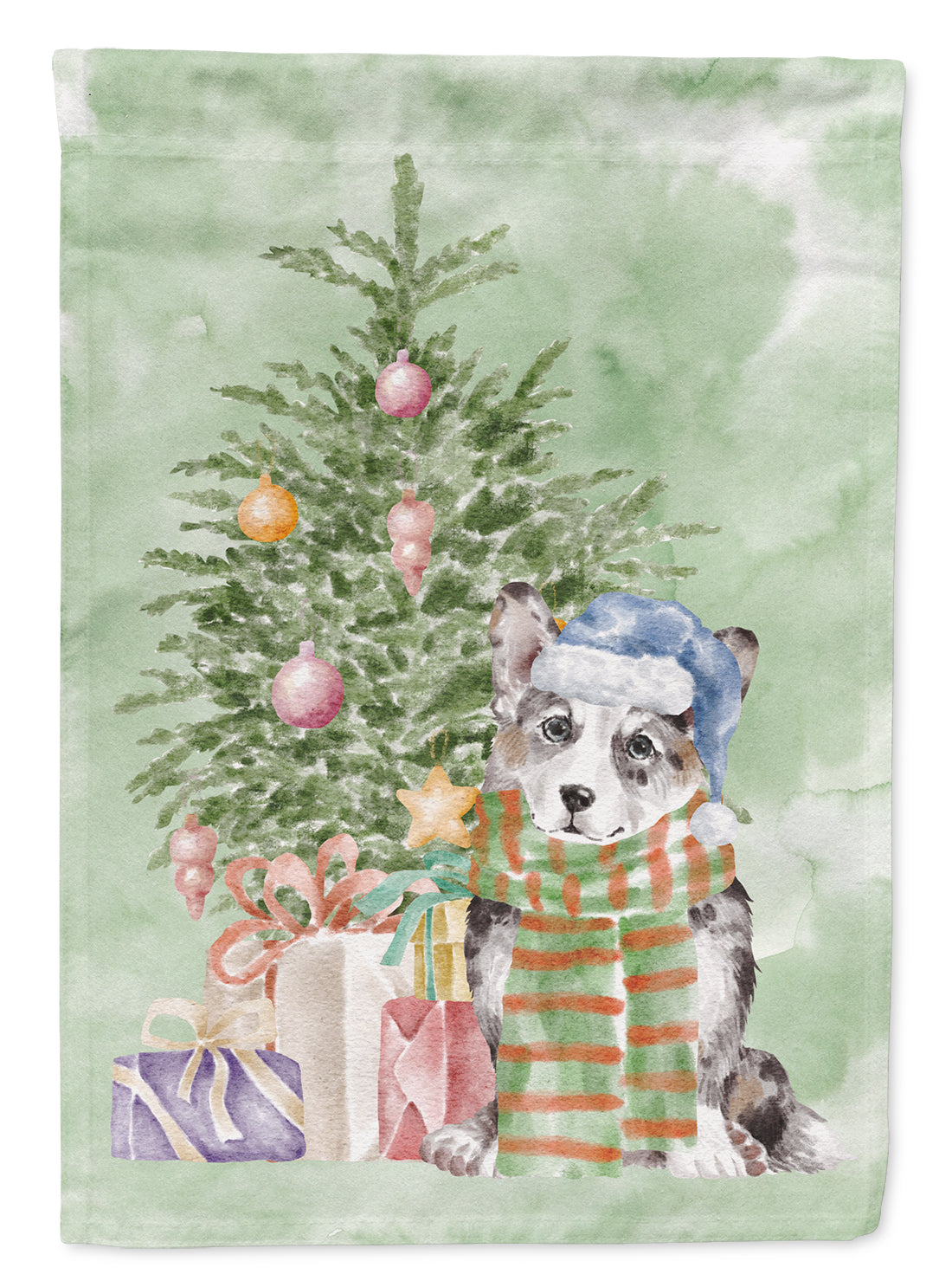 Corgi Cardigan Blue Merle Christmas Presents and Tree Garden Flag