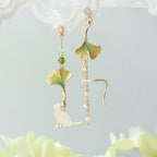 Ginkgo Leaf and Cat Drop Earrings
