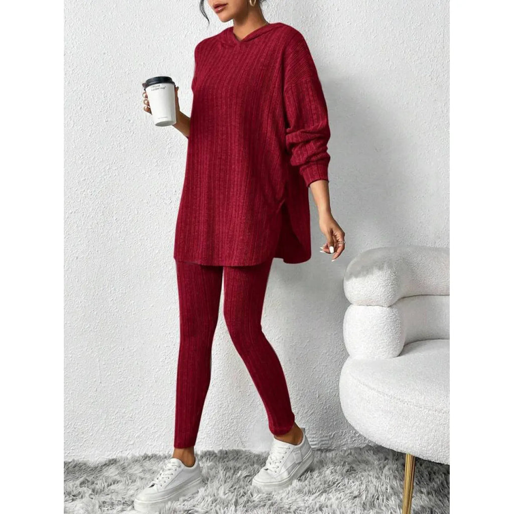 Autumn Solid Stripe Loose Hoodie Set