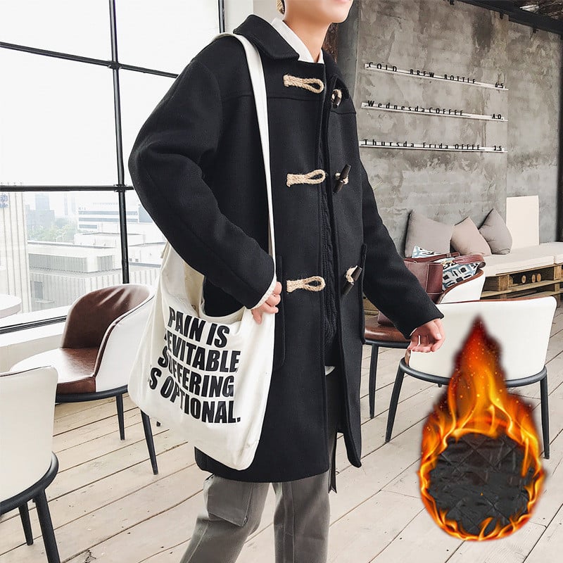 Horn Button Mid-Length Woolen Coat for Men