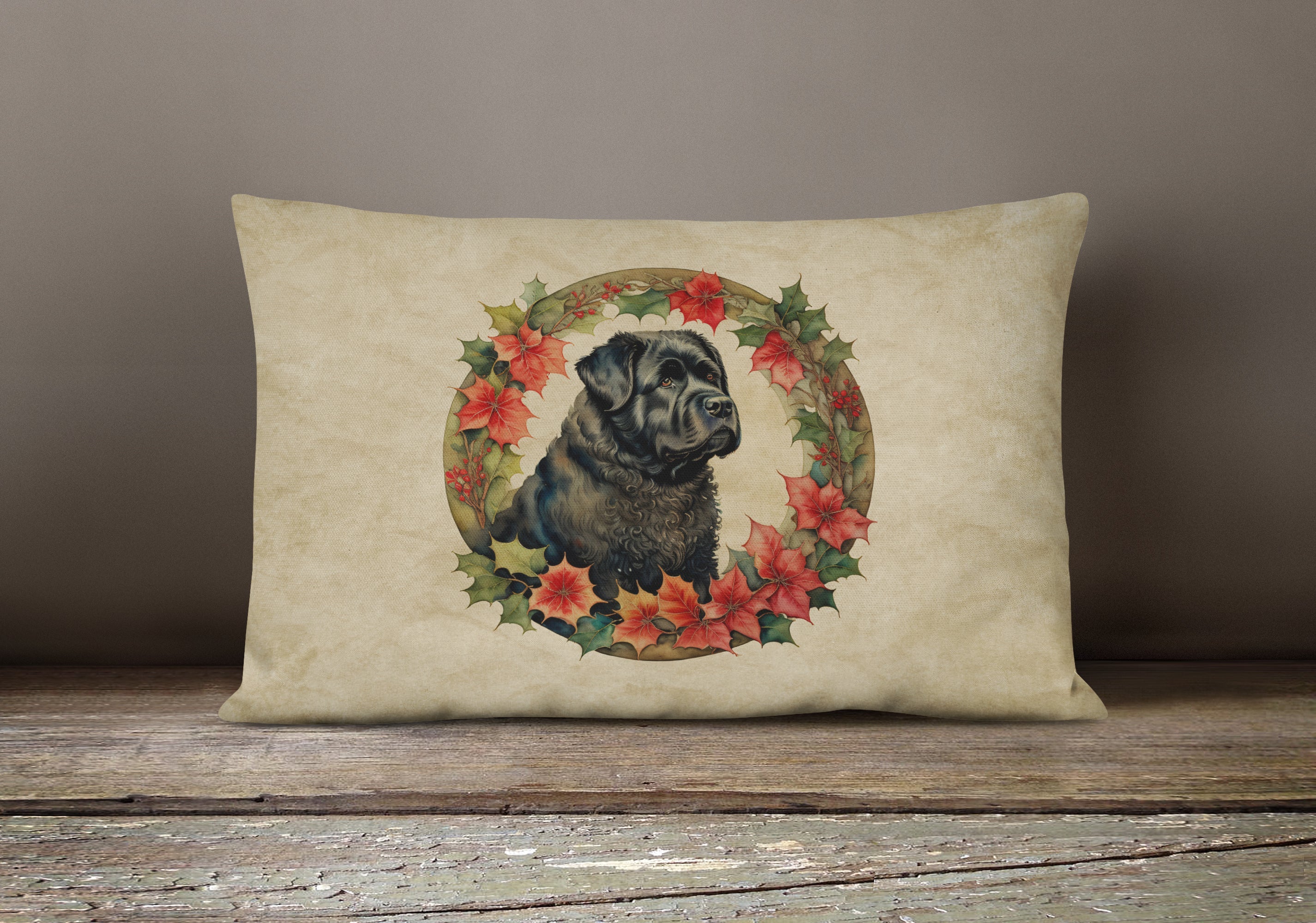 Bouvier des Flandres Christmas Flowers Throw Pillow