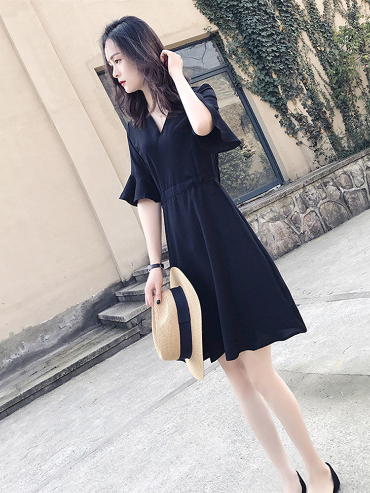 2020 Spring Summer Hepburn Style V-Neck A-Line Dress