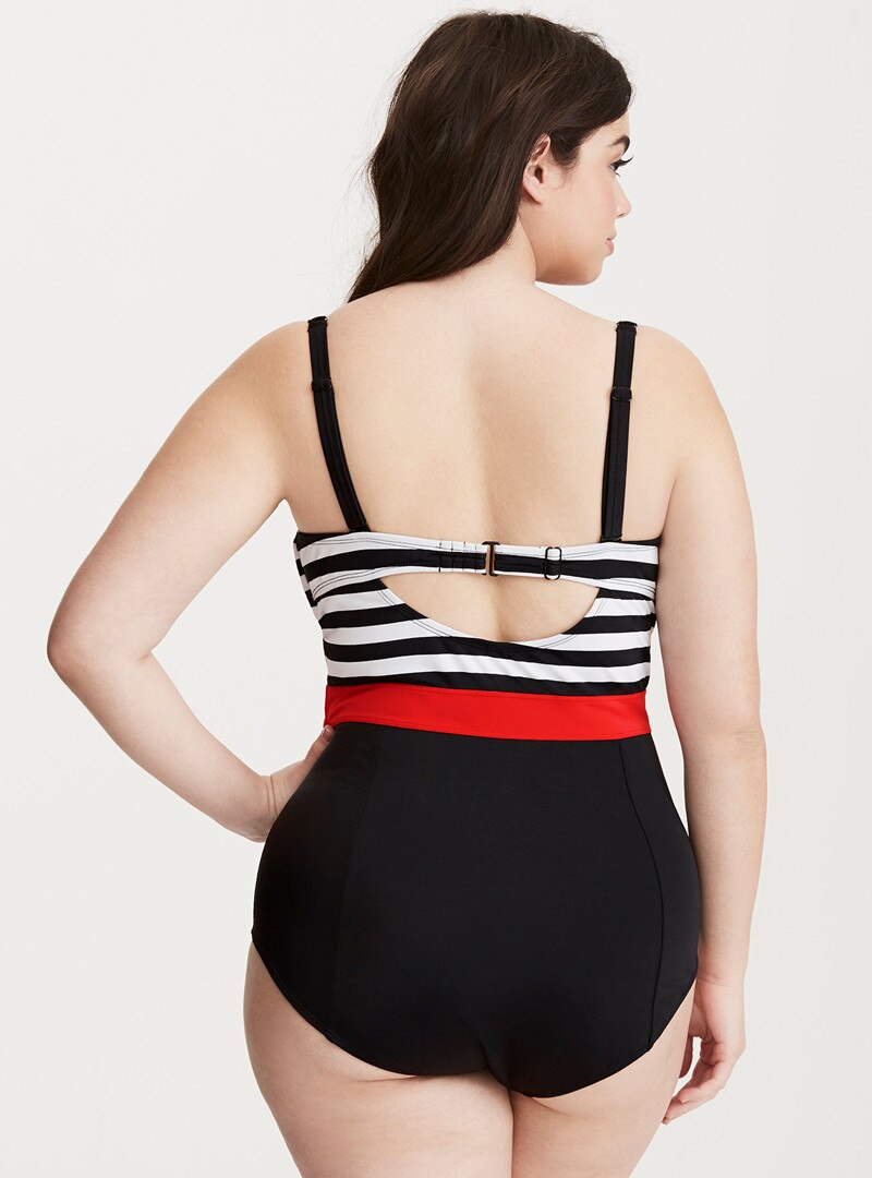 Black and White Striped Plus Size Women's Swimsuit