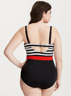 Black and White Striped Plus Size Women's Swimsuit