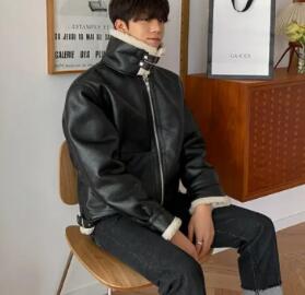 Men's Lamb Fur PU Leather Jacket with Zipper (One Piece)